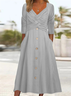 Women Plain V Neck Long Sleeve Comfy Casual Buckle Maxi Dress