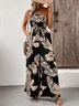 Women Sleeveless Cold Shoulder Loose Long Daily Casual Leaf Natural Jumpsuit