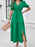 Women Plain V Neck Short Sleeve Comfy Casual Maxi Dress