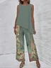 Women Floral Crew Neck Sleeveless Comfy Elegant Irregular Craftsmanship Top With Pants Two-Piece Set