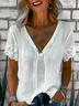 V Neck Short Sleeve Plain Lace Regular Loose Blouse For Women