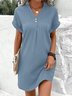 Women Plain V Neck Short Sleeve Comfy Casual Buckle Short Dress