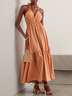 Women Plain Spaghetti Gallus Comfy Vacation Ruched Maxi Dress