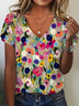 Casual Floral V Neck Short Sleeve T-shirt