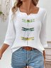 Notched Three Quarter Sleeve Dragonfly Regular Loose Shirt For Women