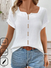 Notched Short Sleeve Plain Buckle Regular Loose Blouse For Women