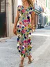 Women Floral Crew Neck Short Sleeve Comfy Casual Maxi Dress