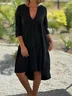 Women Plain V Neck Three Quarter Sleeve Comfy Casual Midi Dress