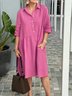 Women Plain Shirt Collar Half Sleeve Comfy Casual Midi Dress