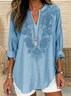V Neck Long Sleeve Plain Embroidery Lightweight Loose Blouse For Women