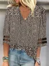 V Neck Three Quarter Sleeve Ditsy Floral Mesh Regular Loose Blouse For Women