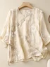 Shirt Collar Three Quarter Sleeve Plain Embroidery Regular Loose Blouse For Women