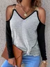 Crew Neck Long Sleeve Color Block Lace Regular Loose Blouse For Women