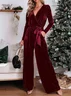 Women Long Sleeve V Neck Regular Fit Ankle Pants Daily Casual Plain Natural Jumpsuit