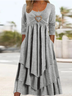 Women Geometric Crew Neck Long Sleeve Comfy Casual Buckle Maxi Dress