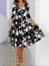 Women Floral V Neck Three Quarter Sleeve Comfy Casual Midi Dress