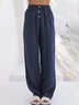 Women Casual Plain Cotton And Linen Long Buckle Loose Pants