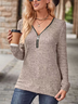 V Neck Long Sleeve Plain Zipper Regular Micro-Elasticity Loose Blouse For Women
