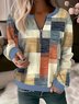 Casual Crew Neck Plaid Color Block Loose Sweatshirt