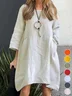 Women Plain Crew Neck Three Quarter Sleeve Comfy Casual Pocket Stitching Midi Dress