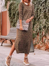 Women Leopard Crew Neck Long Sleeve Comfy Casual Midi Dress