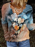 V Neck Long Sleeve Floral Regular Micro-Elasticity Loose Blouse For Women