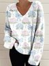 V Neck Long Sleeve Floral Regular Micro-Elasticity Loose Blouse For Women