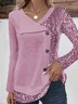 V Neck Long Sleeve Plain Buttoned Regular Micro-Elasticity Loose Mock Two-Piece Blouse For Women