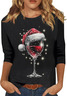 Crew Neck Long Sleeve Christmas Wine Glass Regular Medium Elasticity Loose Blouse For Women