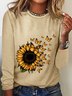 Crew Neck Long Sleeve Floral Regular Medium Elasticity Loose T-shirts For Women