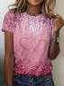 Vintage Valentine's Day Heart Sequin Pattern Crew Neck Short Sleeve T-shirt
