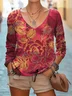 Casual Floral V Neck Long Sleeve T-shirt
