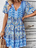 Women Floral Summer Printing Dress V Neck Short Sleeve A-Line Dress