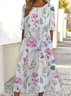 Women Floral Summer Printing Dress Crew Neck Short Sleeve Shift Dress H-Line Dress