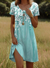 Women Floral Summer Printing Dress Crew Neck Short Sleeve Tunic H-Line Dress