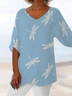 V Neck Short Sleeve Dragonfly Printing Regular Loose Shirt For Women