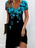 Women Floral V Neck Short Sleeve Comfy Casual Printing Midi Dress