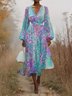 Women Floral Puff Sleeve Spring/Fall Dress V Neck Long Sleeve A-Line Dress