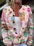 Women 3D Floral Print Long Sleeve Comfy Vintage Cardigan