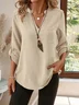 V Neck Three Quarter Sleeve Plain Split Joint Regular Micro-Elasticity Loose Tunic Shirt For Women