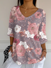 Casual Floral V Neck Three Quarter Sleeve T-shirt