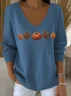 Women Cotton Maple Leaf Pumpkin Print Long Sleeve Comfy Casual Sweater