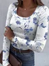 Casual Floral U-Neck Long Sleeve T-shirt