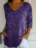Casual Floral V Neck 3/4 Length Sleeve T-shirt