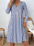 Women Striped Spring/Fall Printing Dress V Neck Long Sleeve T-Shirt Dress H-Line Dress