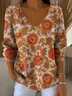 Women's Ethnic Floral Autumn Art Pattern Print Casual V Neck Pullover Blouse