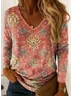 V Neck Long Sleeve Ethnic Regular Micro-Elasticity Loose Blouse For Women