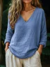Casual Plain V Neck Long Sleeve T-shirt