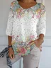 Casual Floral V Neck Three Quarter Sleeve T-shirt