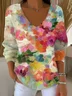 Women Cotton Floral Art Print Long Sleeve Comfy Casual Sweater